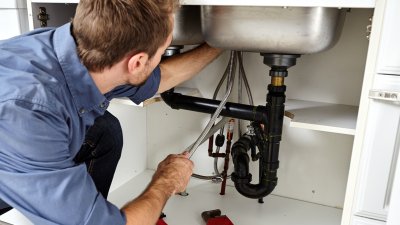 Young plumber works on pipes under stainless steel sink