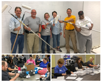 Three image collage. First picture is a group with paint rollers. Second picture is group sorting plastic bags. Third picture is three women creating mailers.