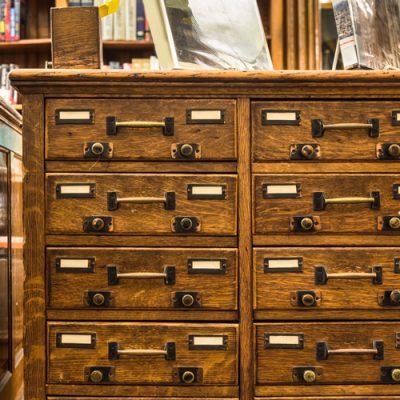 Aged Library Card Catalog drawers