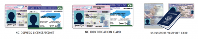 Various forms of identification. Text Reads "NC Drivers License/Permit NC Identification Card US Passport/Passport card"