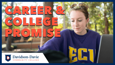 Student outdoors wearing a purple sweatshirt. Text reads: "Career & College Promise"