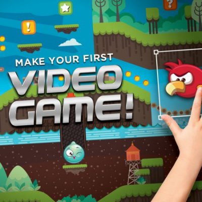 Animated Angry Birds games. Text reads: "Make Your First Video Game!"