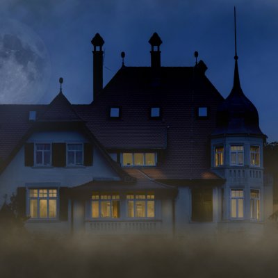 Spooky & mysterious mansion at night