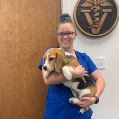 Cassidy Kluttz holding dog at Veterinary Clinic