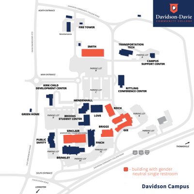 Diagram of Davidson-Davie Davidson Campus Gender Neutral bathroom locations