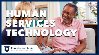 Human services worker meets with elderly individual. Text reads: "Human Services Technology"