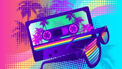 Colorful 1980s imagery including a cassette tape and sun glasses