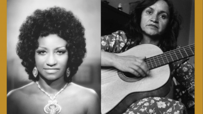 Side by side images of Cuban Singer Celia Cruz and Chilean Singer Violeta Parra