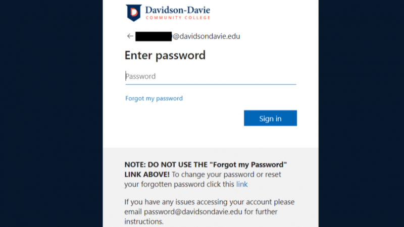 Screenshot of Davidson-Davie Microsoft Portal Login Screen