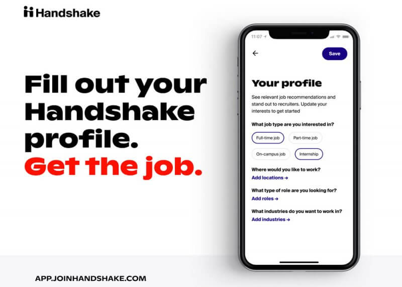 Illustration of cell phone. Text reads: "Fill out your Handshake profile. Get the job."