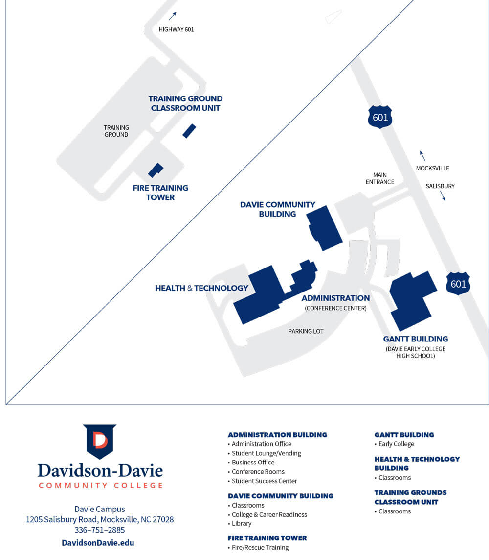 Map of Davidson-Davie Community College's Davie Campus in Mocksville, NC