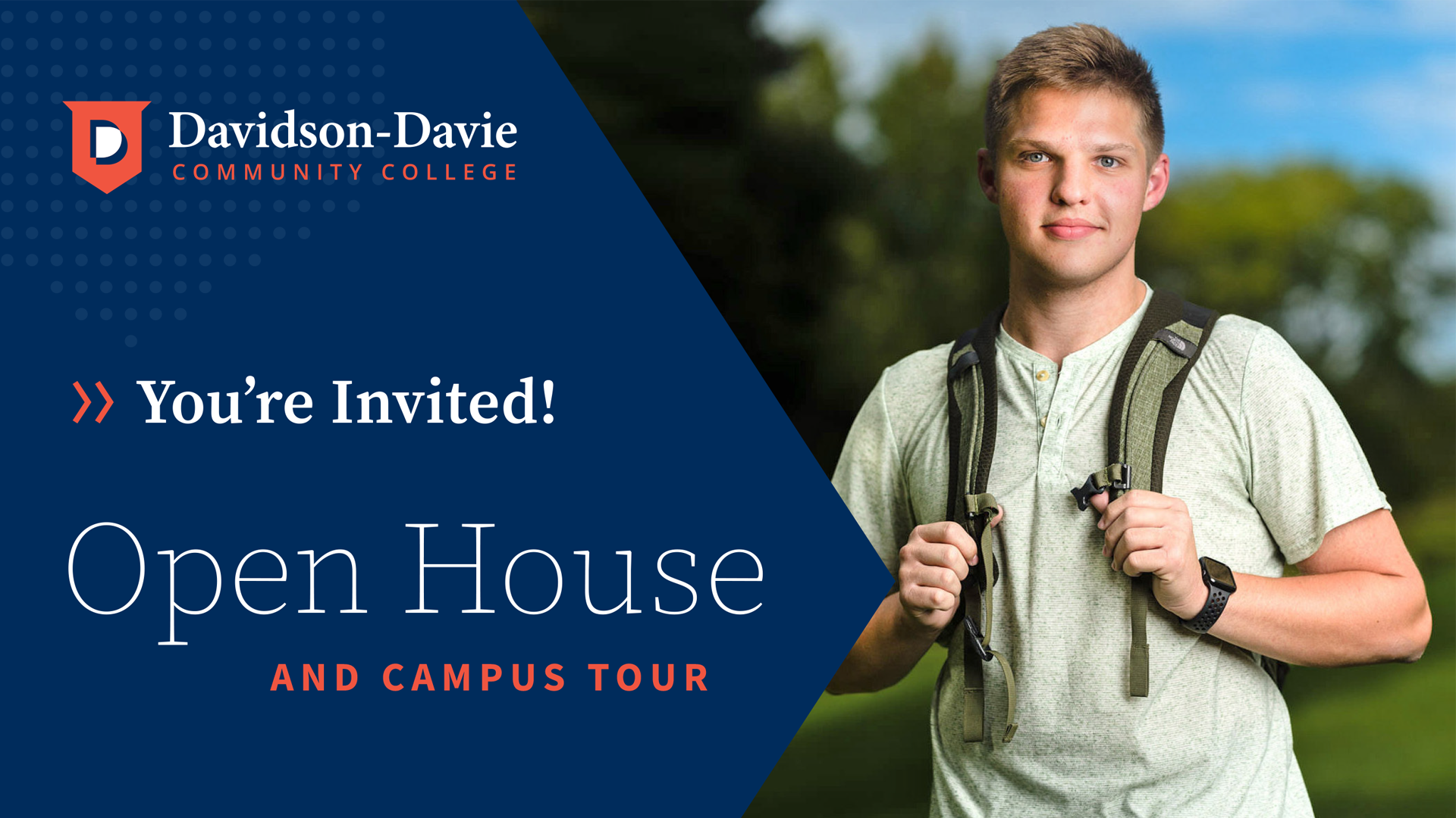 Text reads: You're Invited! Open House & Campus Tour"
