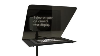 Black teleprompter device with text that reads "Teleprompter on camera text display."