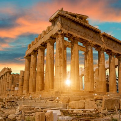 The Parthenon in Athens, Greece at sunset.