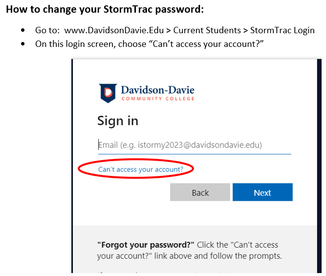 StormTrac sign-in screen screenshot with the text "Can't access your account?" circled in red.