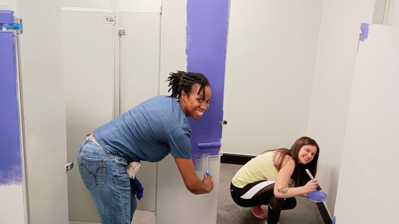Demetria Nickens and Casey Williams who volunteered to paint bathrooms at Salvation Army Boys & Girls Club of Thomasville.