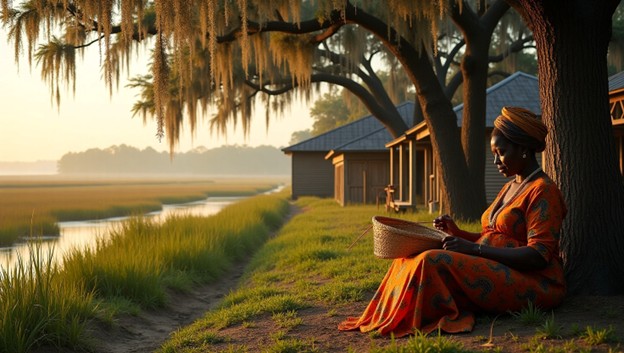 A woman sits weaving a basket under a tree near wooden cabins, with a marshland and waterway in the background during sunset.